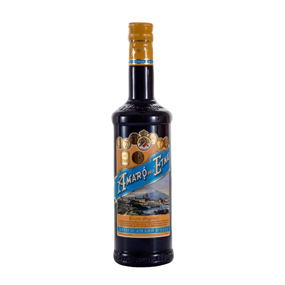 Amaro dell'Etna herbal liqueur bottle featuring a vintage design and Sicilian volcano theme.