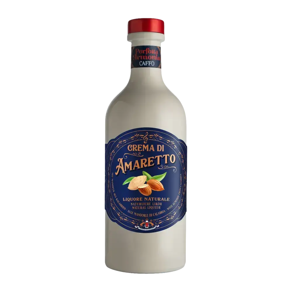 Crema Di Amaretto Caffo bottle featuring sweet almonds, spices, and fresh cream, highlighting its natural qualities.