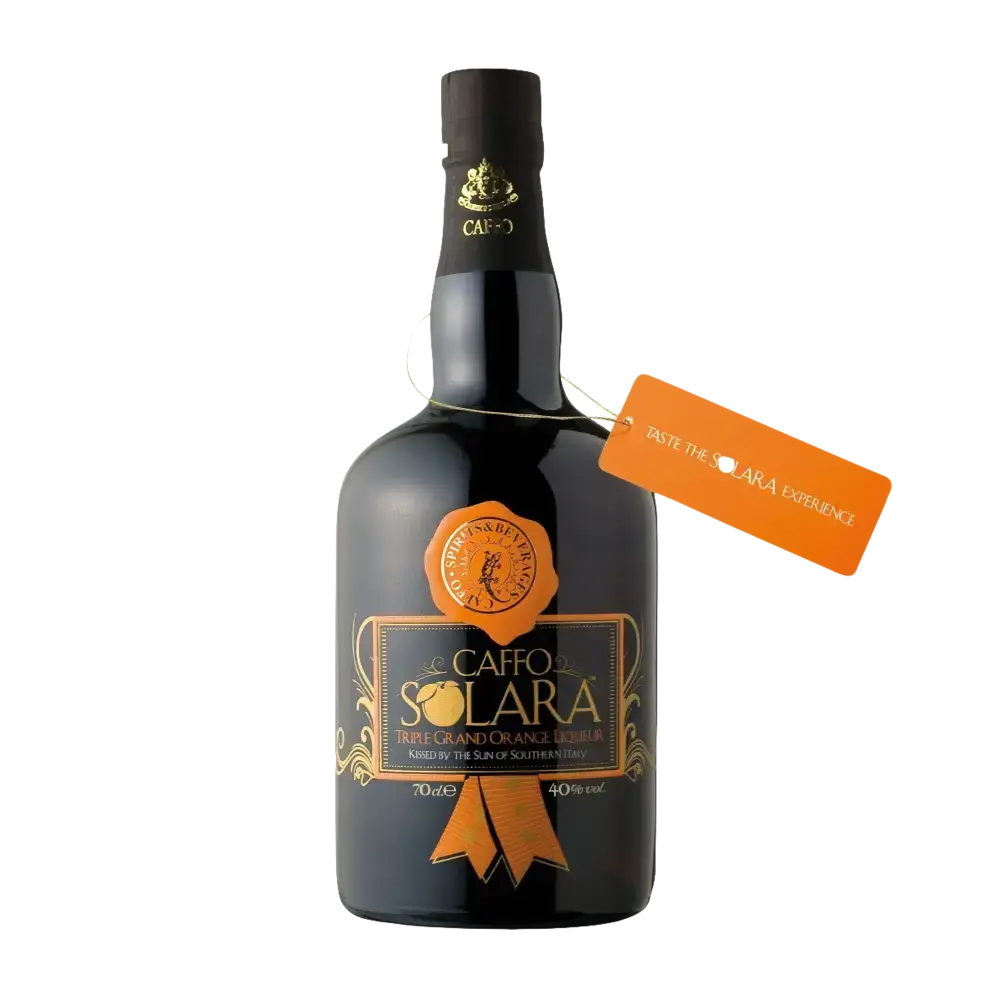 Bottle of Caffo Solara Grandorange Likör, a sweet orange-flavored liqueur from Southern Italy.