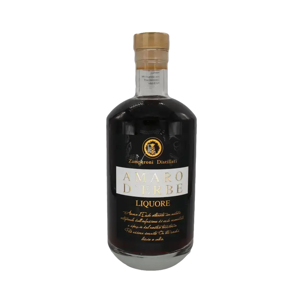 Zamperoni Amaro D´Erbe herbal liqueur bottle featuring a rich dark liquid and elegant label design.